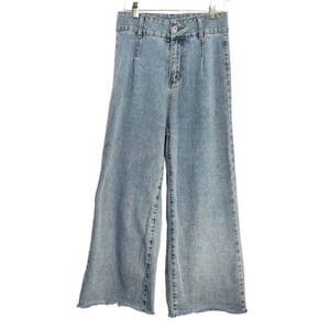 High Rise Pleated Denim Ankle Crop Raw Hem Denim Jeans Light Blue Sz 6